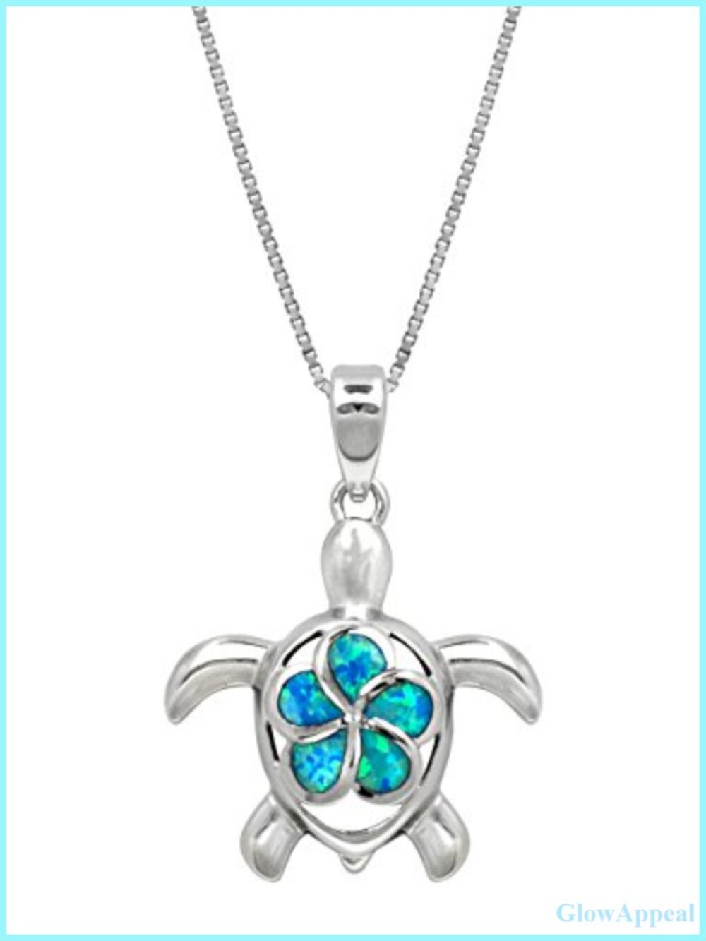 Sterling Silver Turtle Pendant Necklace Simulated Blue Opal 18" Box Chain
